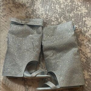 Azalea Wang Desray Denim Sparkling Silver Open-Toe Boots